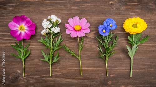 Vibrant Spring Blooms Arranged on Rustic Wooden Background. Nature Colorful Spectrum
