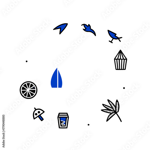 Minimalist circular icon set with nature and daily life objects