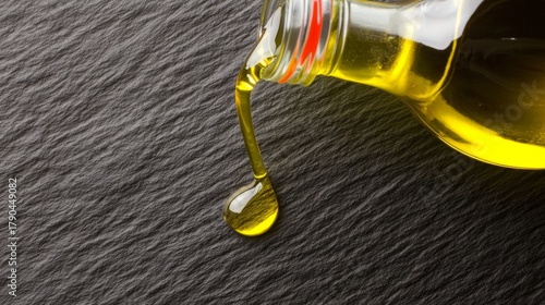 Olive Oil Pouring from Glass Bottle on Textured Dark Surface - Culinary and Health Illustration
