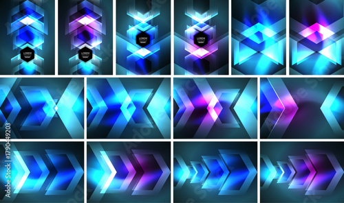 Abstract geometric designs. Bright neon colors, layered shapes create futuristic patterns. Dark background emphasizes glowing effects.