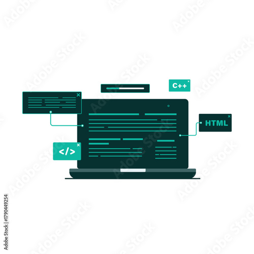 Software Development and Programming Languages on Laptop Vector Illustration