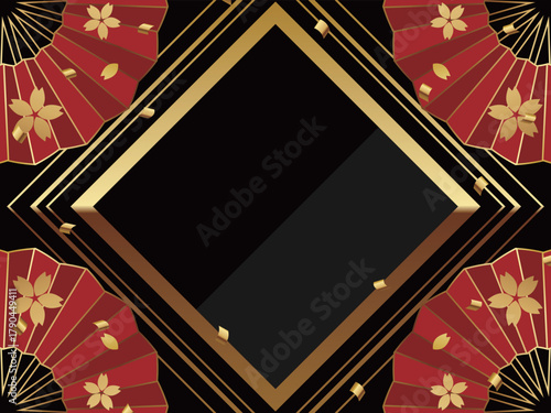高級感のある扇子とアールデコ背景　ブラック＆ゴールド