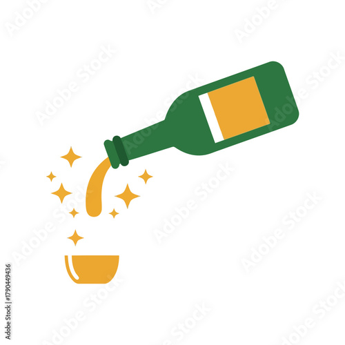 Flat illustration of green bottle pouring liquid into a cup with sparkling stars Vector, illustration