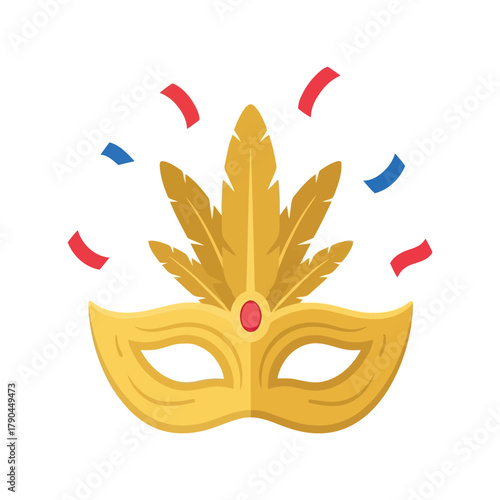 Golden venetian masquerade mask with feathers and confetti, celebration design element Vector, illustration