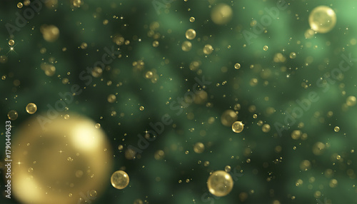 Golden glowing bokeh lights float softly on green abstract background creating magical atmosphere