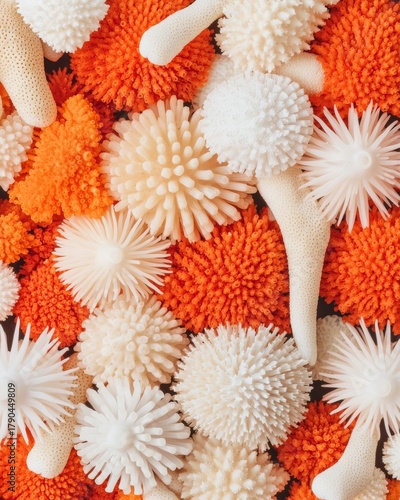 Colorful Coral and Sea Anemone Texture Background in Vibrant Orange and White