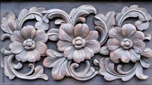 Intricate Wooden Floral Carving Displaying Three Petals Artwork Design