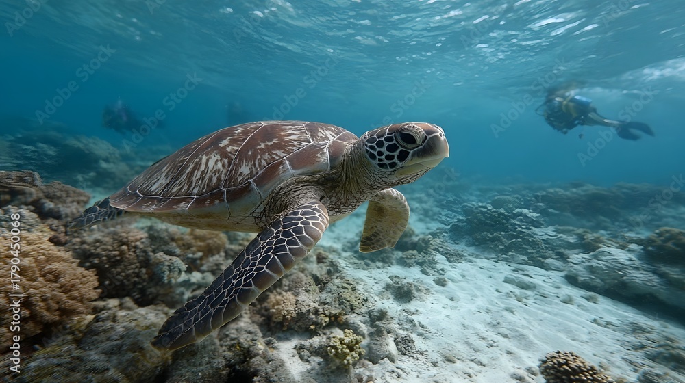 Fototapeta premium A sea turtle swims gracefully over a vibrant coral reef with divers exploring the clear blue underwater environment