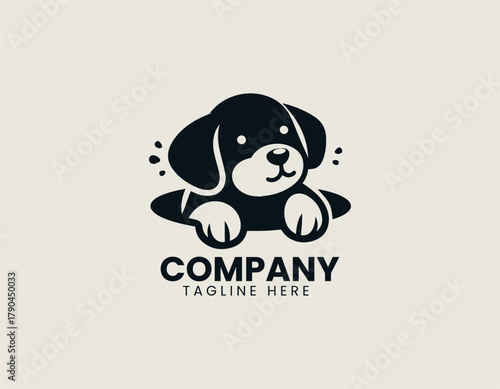 Cute puppy coming out of hole black vector logo illustration