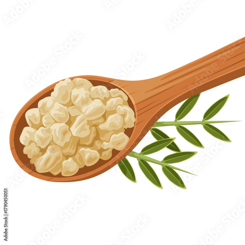 Illustration of dried tragacanth gum, on a wooden spoon, with green tragacanth leaves, isolated on a white background.