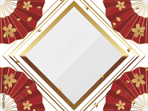 高級感のある扇子とアールデコ背景　ホワイト＆ゴールド