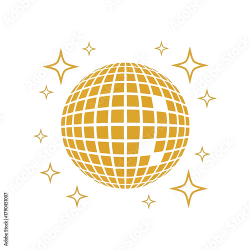 Golden disco ball with sparkling stars icon on white background Vector, illustration