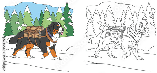 Bernese Mountain Dog Carrying Wood in Winter Landscape - Cute Cartoon Illustration for Outdoor Adventures and Pet Themes
