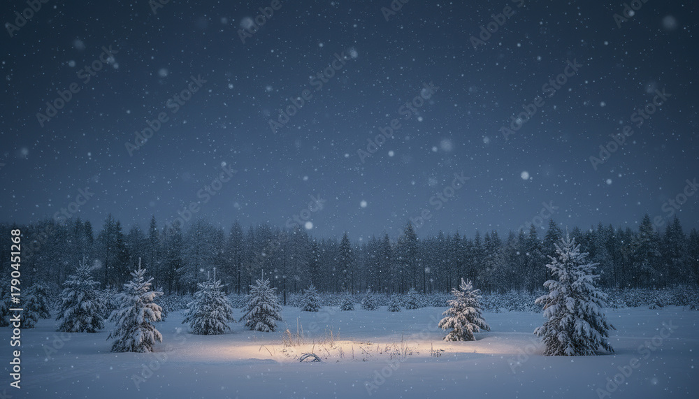 Fototapeta premium Snowy winter forest with small pine trees covered in snow under dark sky