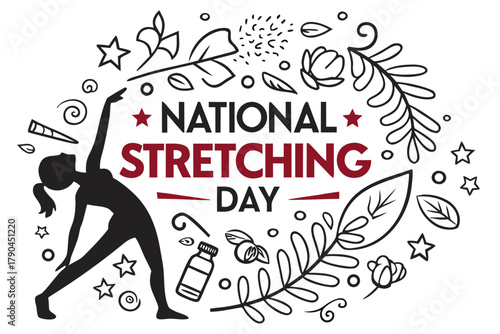 National Stretching Day Vector Illustration, Fitness and Wellness Exercise Design, People Doing Yoga and Stretching Poses Isolated on White Background
