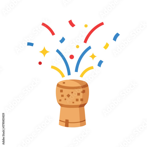 Champagne cork popping with confetti and stars for celebration and parties Vector, illustration
