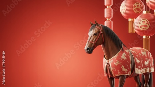 Decorated horse with golden accents surrounded by red lanterns featuring zodiac symbols, festive red gradient background, Chinese zodiac, year of the horse, Lunar New Year, red horse illustration, zod