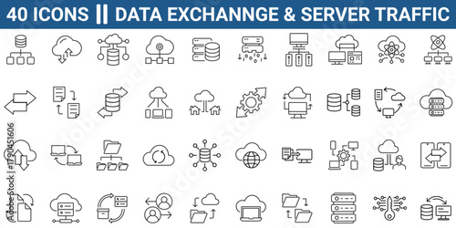 Set of 40 outline icons related to data exchange, traffic, files, cloud, server. Linear icon collection. Editable stroke. Vector illustration.