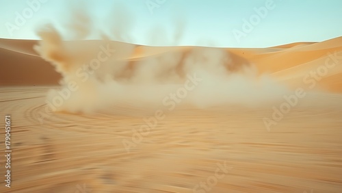 superego. Desert shooting range with spiral dust patterns in sandy tones and motion blur. event key visuals, club posters, designed for fitness apps and gym onboarding, used by sports marketers.