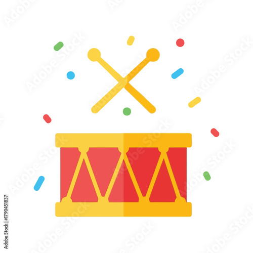 Toy drum with sticks and confetti celebration party icon flat design Vector, illustration