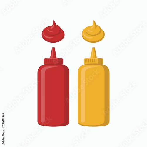 Two cartoon squeeze bottles one red for ketchup and one yellow for mustard with dollops of sauce above.