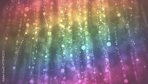 Firefly glowing orbs cascade in rainbow color with sparkling festive abstract lights