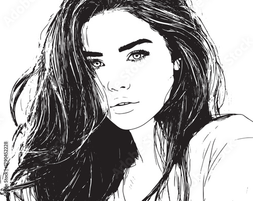 Portrait of a beautiful young woman with long wavy hair, looking at the camera