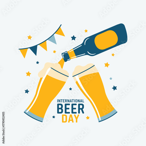Two glasses of beer being poured from a bottle with festive bunting and stars international beer day vector illustration.