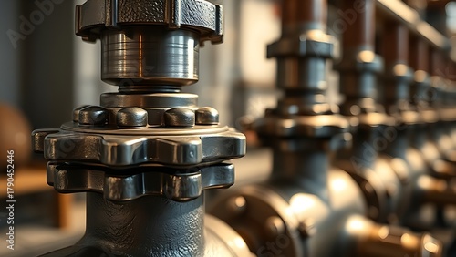 discontinuous. Metal nodules on industrial pipe valves reflecting light, metallic texture detail. safety posters, maintenance manuals, designed for industrial assembly lines and welding operations.