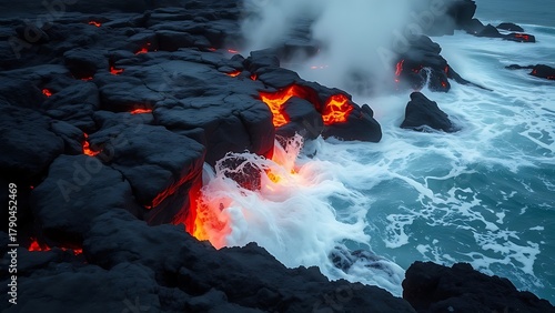 eruption. Molten lava meeting ocean water, cooling into dark rock with rising steam. ESG reports, sustainability campaigns, designed for sustainability communications and ESG reporting.
