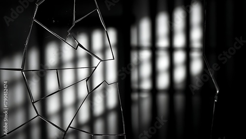 universalism. A broken glass pane with the blurred shadow of prison bars behind it. wellbeing guides, coaching materials, designed for mental health education and mindfulness programs.