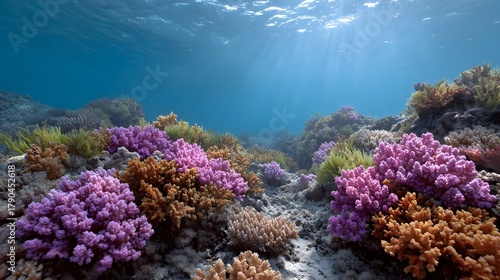 Fototapeta Naklejka Na Ścianę i Meble -  A vibrant and colorful coral reef ecosystem thrives beneath the ocean surface illuminated by sunbeams