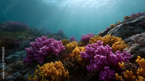 Fototapeta Naklejka Na Ścianę i Meble -  Vibrant underwater coral reef ecosystem bathed in sunlight showcasing colorful marine life and clear blue ocean waters