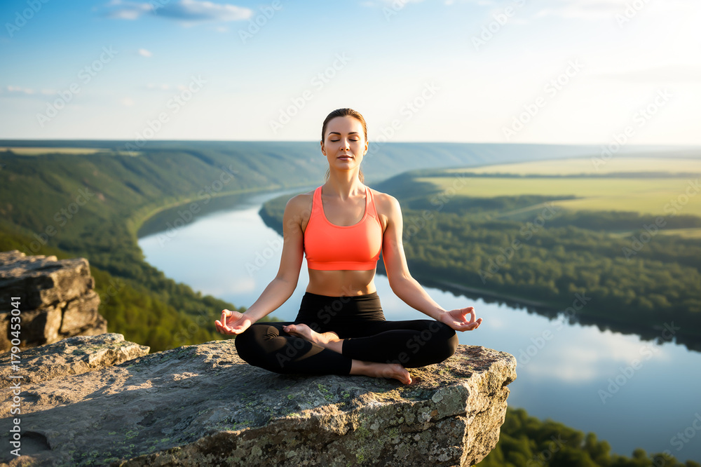 Fototapeta premium a woman practices yoga in a meditative pose on a rocky cliff overlooking a scenic river valley