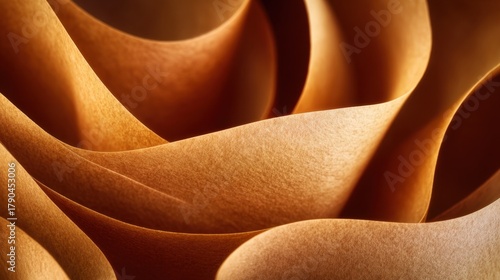 Close-up of elegantly flowing golden-brown paper waves, showcasing texture and depth in soft lighting