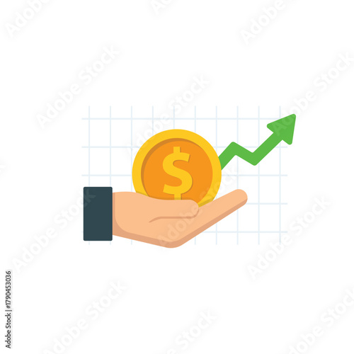 Hand Holding Dollar Coin with Upward Growth Arrow and Grid Background Vector Illustration