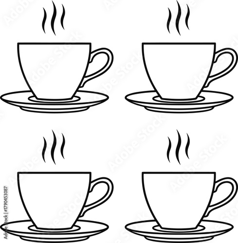 Clean Line Art of Hot Tea or Coffee Mugs with Rising Steam, Ideal for Breakfast, Drink, and Restaurant Designs.