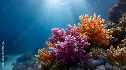 Fototapeta Naklejka Na Ścianę i Meble -  Sunlit underwater coral reef teeming with vibrant colors