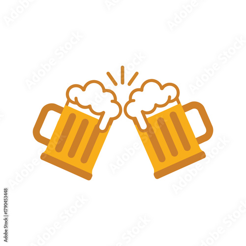 Two beer mugs clinking together with foam, celebration toast graphic Vector, illustration