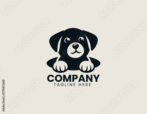 Cute puppy coming out of hole black vector logo illustration