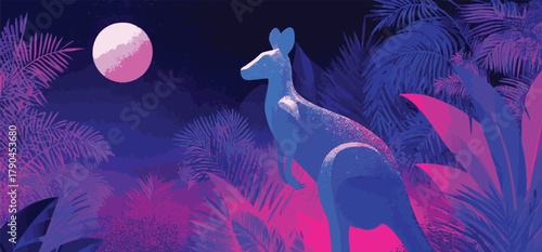 Kangaroo standing in a forest under the moonlight in the night with plants and trees