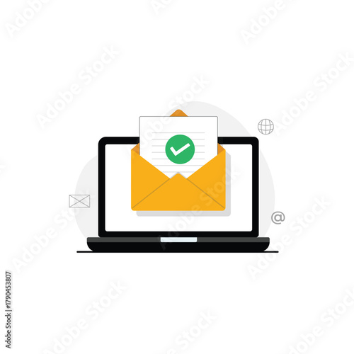 Laptop with Email and Checkmark Vector Illustration. Successful Message Delivery or Verified Mail