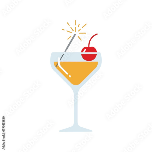 Festive cocktail with sparkler and cherry for celebrations and parties Vector, illustration