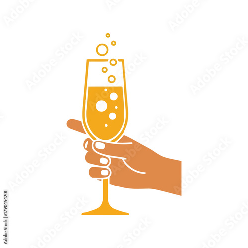Hand holding a flute glass with bubbling orange champagne or cocktail celebrating special occasion Vector, illustration