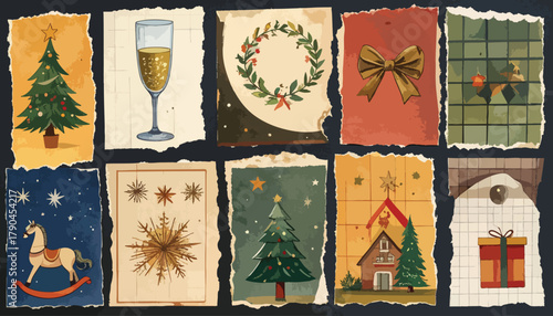 Patched vintage Christmas themed illustrations on dark surface