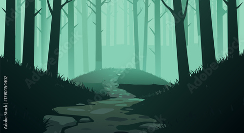 Mysterious Forest Path Illuminated by an Eerie Green Light, A Serene and Enchanting Natural Landscape Scene