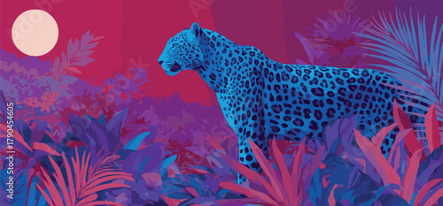 A blue jaguar prowls through a lush, vibrant jungle under the moonlight, creating a captivating and exotic atmosphere