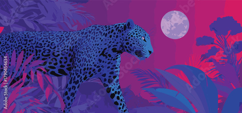 A blue jaguar walking through a jungle with a full moon in the background at night illustration