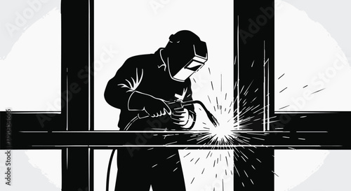 A silhouette of a skilled welder wearing protective gear, diligently performing arc welding on a steel beam, creating bright sparks in an industrial setting.