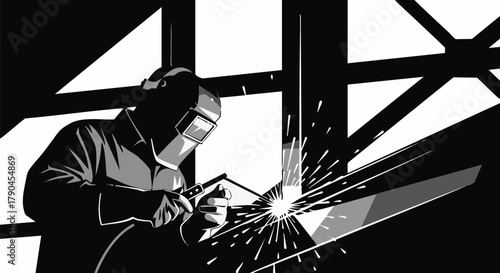 A focused welder in a protective helmet expertly joins metal, producing a brilliant cascade of sparks that illuminate the dark, high-contrast industrial environment.